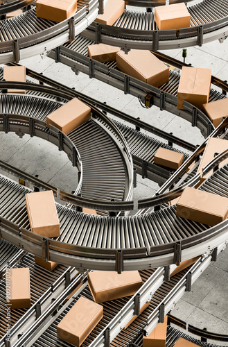 3D multilevel sorting network moving boxes through a warehouse