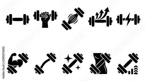 Dumbbell icons representing strength training progress and fitness goals in vector silhouette