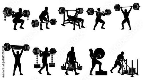 Bild auf Leinwand Diverse weightlifting exercises in silhouette vector style against white backgro