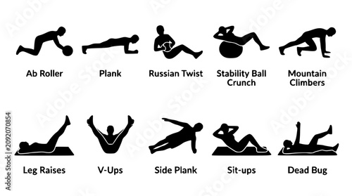 Obraz na płótnie Fitness exercise silhouettes with labels for workout routines and training plans