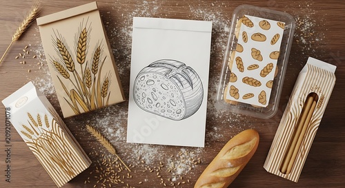 Rustic Bakery Packaging Mockup with Bread Illustration on Floured Wooden Table