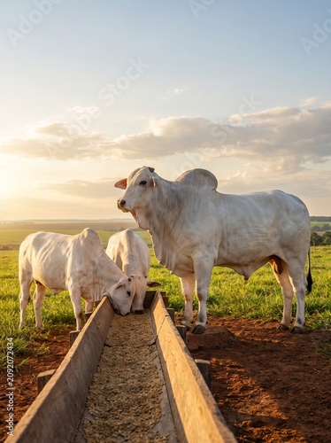 Touros Nelore de elite alimentando-se em cocho de madeira em fazenda brasileira. Pecuária de alta produtividade, foco em melhoramento genético, qualidade premium, sustentabilidade e manejo rural.
