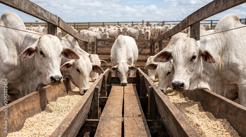Touros Nelore de elite alimentando-se em cocho de madeira em fazenda brasileira. Pecuária de alta produtividade, foco em melhoramento genético, qualidade premium, sustentabilidade e manejo rural.