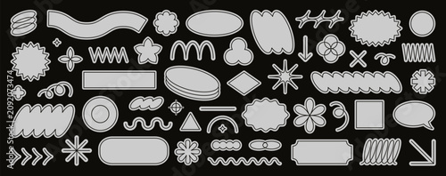 Abstract geometric shapes, linear forms and basic figures. Simple star and flower shapes, wavy and curly lines, scallop and oval frames, modern minimal graphic design outline element vector set