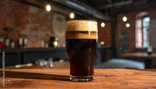 Dark Craft Beer Glass Standing on Wooden Table in Rustic Bar Interior