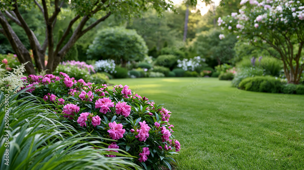 Obraz premium Peaceful garden lawn surrounded by blooming bushes and ornamental trees
