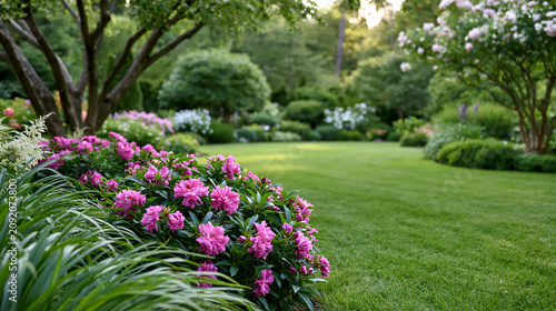 Peaceful garden lawn surrounded by blooming bushes and ornamental trees
