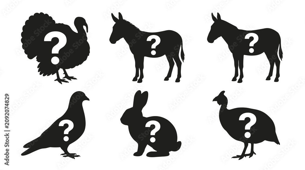 Obraz premium Set of silhouettes of farm animals and birds with question marks, conveying uncertainty or guessing game, graphic vector illustration