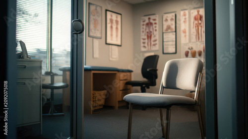 A medical examination room, showcasing anatomical charts on the wall and waiting chairs, with natural light streaming in through a large window.