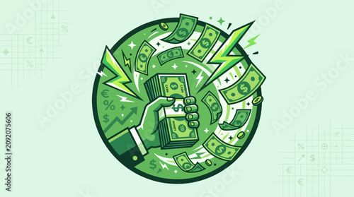 Fényképezés A cartoon fist holding cash emerging from a green circle with money