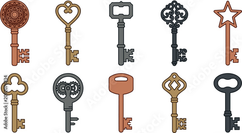 Vintage Antique Key Vector Icon Set Featuring Steampunk Heart Star and Ornate Gothic Designs for Secret Mystery Security and Heritage Branding Concepts