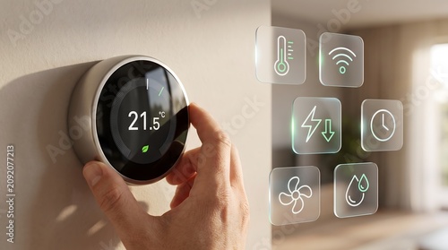 Smart thermostat with digital display and interactive icons