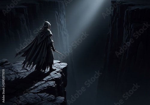 A lone robed figure with a sword stands on a rocky cliff edge in a dark canyon with a beam of light illuminating the scene