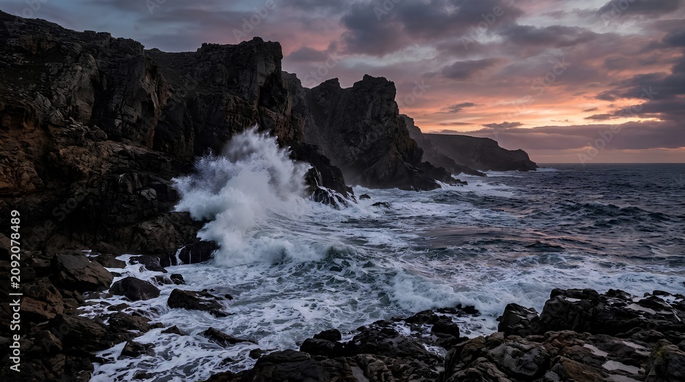 Fototapeta premium Powerful ocean waves crash against dark rocky cliffs at sunset under dramatic clouds, ideal for travel, nature, adventure, or coastal conservation promotions.