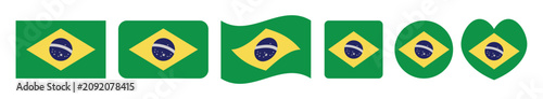 brazil national flag collection in rectangle waving shield hexagon circular and heart shapes isolated on white background vector illustration