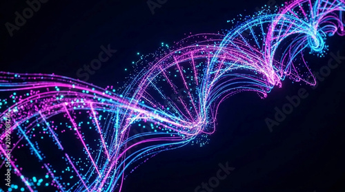 Abstract digital representation of DNA helix with swirling blue and pink light trails, symbolizing genetics, science, and innovation.