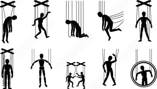 Valokuva Human Marionette Puppet Silhouette Icon Set with Conceptual Figures Controlled b