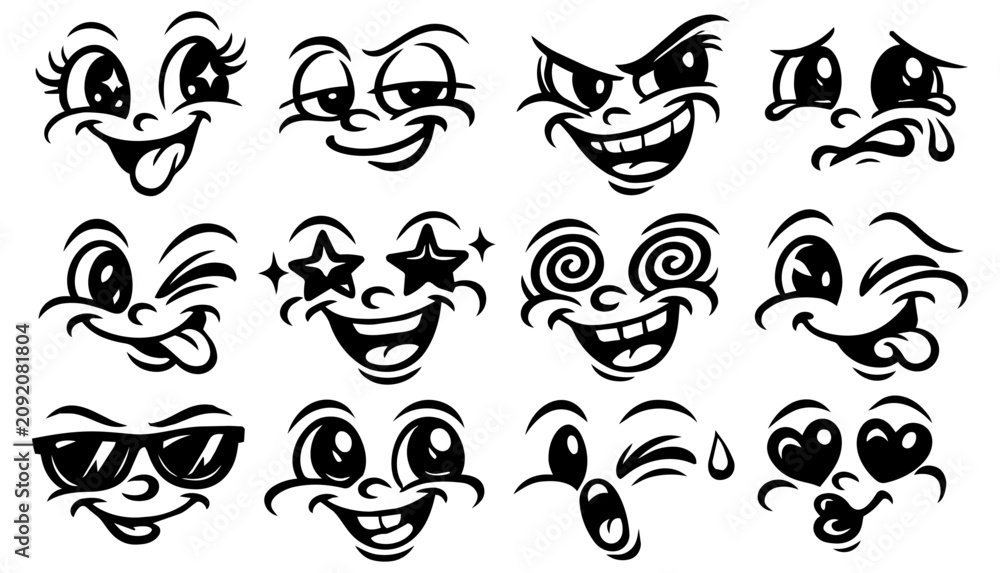 Fototapeta premium Calligraphic Cartoon Face Expression Set, Bold Black Funny Character Artwork