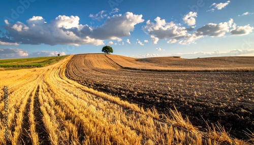 Golden Harvested Field Curving Toward Lone Tree Under Dramatic Cloudy Sky