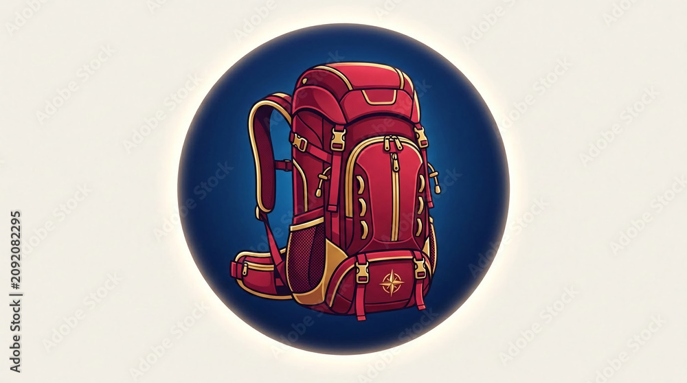 Obraz premium Red and gold backpack with compass detail, showcasing adventure, exploration, and preparedness for travel and outdoor activities, concept of journey