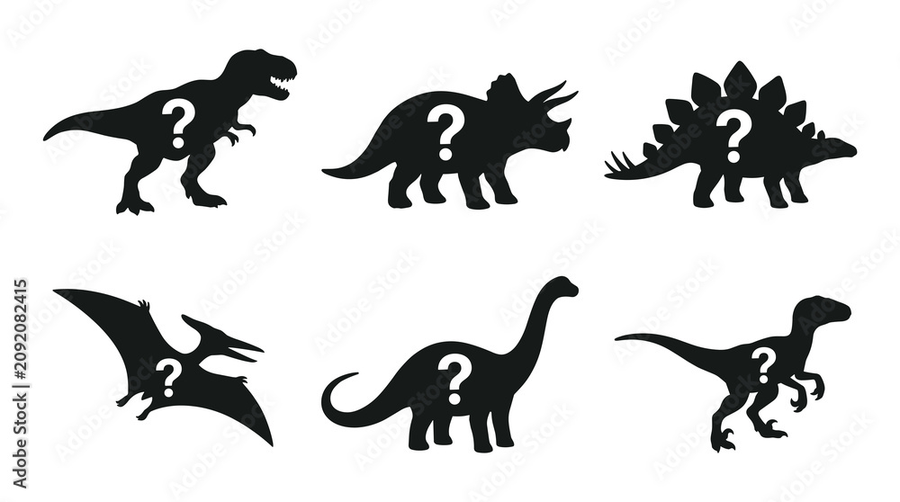 Obraz premium collection of silhouette dinosaurs with question marks inside, prehistoric creatures, ancient animal outlines, paleontological icons