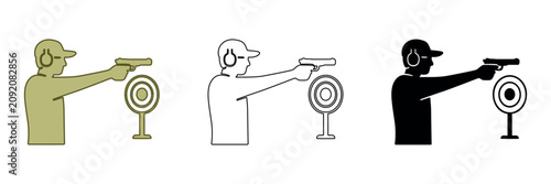 Man practicing shooting at a target with a handgun, wearing ear protection