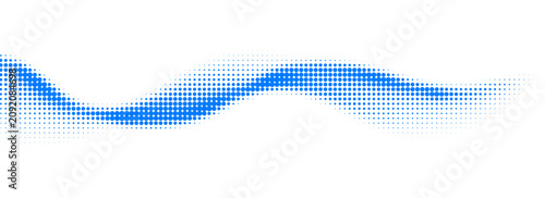 Blue halftone dot wave background. Abstract particle mesh flow with gradient dotted curve. Digital technology line pattern. Vector banner template
