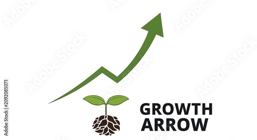 Green Upward Arrow Rising Above Young Plant with Roots on White Background