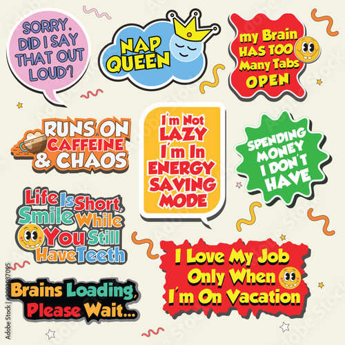 Canvas Print Collection of Colorful Retro Stickers with Humorous Quotes and Witty Sarcastic P
