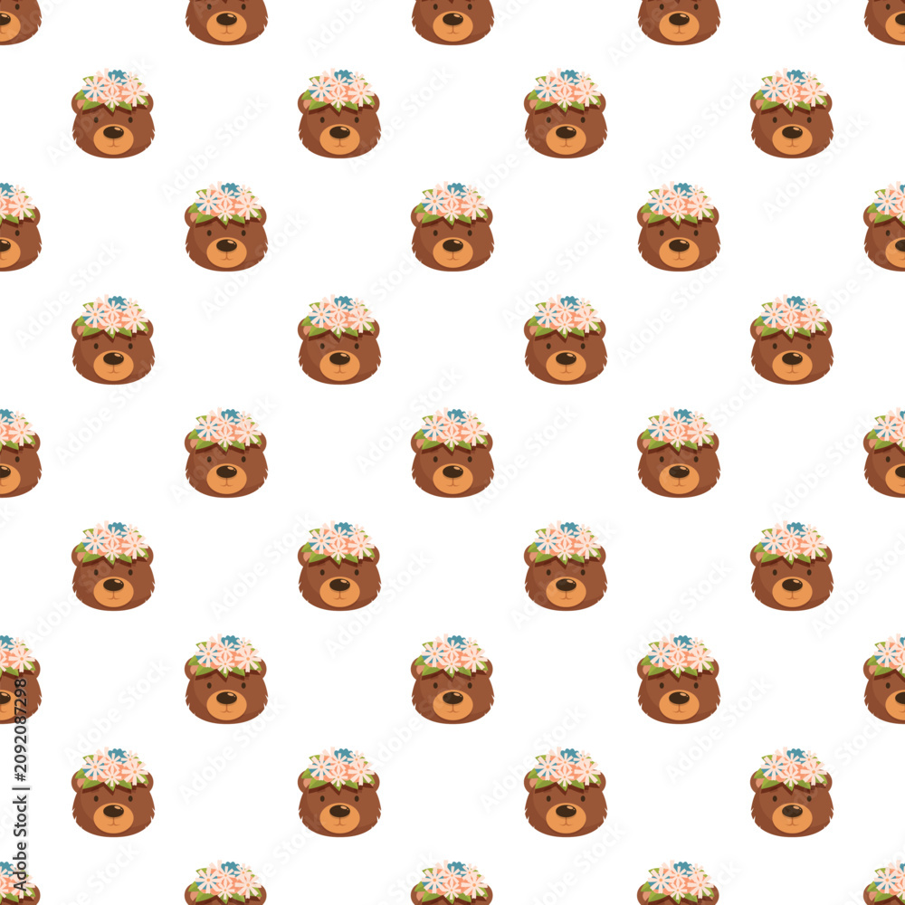 Fototapeta premium Repeating illustration of cartoon bear heads wearing delicate floral crowns on a white background