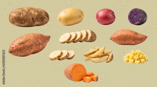 Assorted Fresh Organic Potato Varieties Including Whole Sliced Diced and Wedged Root Vegetables for Culinary Preparation