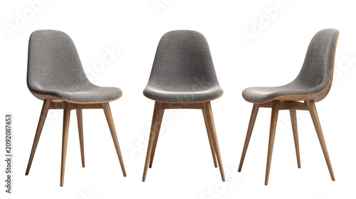 Modern Scandinavian upholstered wooden dining chair displayed from multiple angles featuring minimalist furniture design isolated on White background