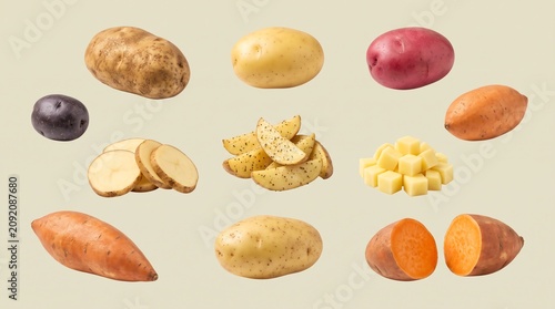 Assortment of Various Fresh Raw Potatoes Including Russet Red Sweet and Cut Varieties for Culinary Preparation and Cooking