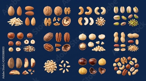 Premium Assorted Nut Collection Featuring Twelve Distinct Varieties Arranged in Organized Culinary Groups