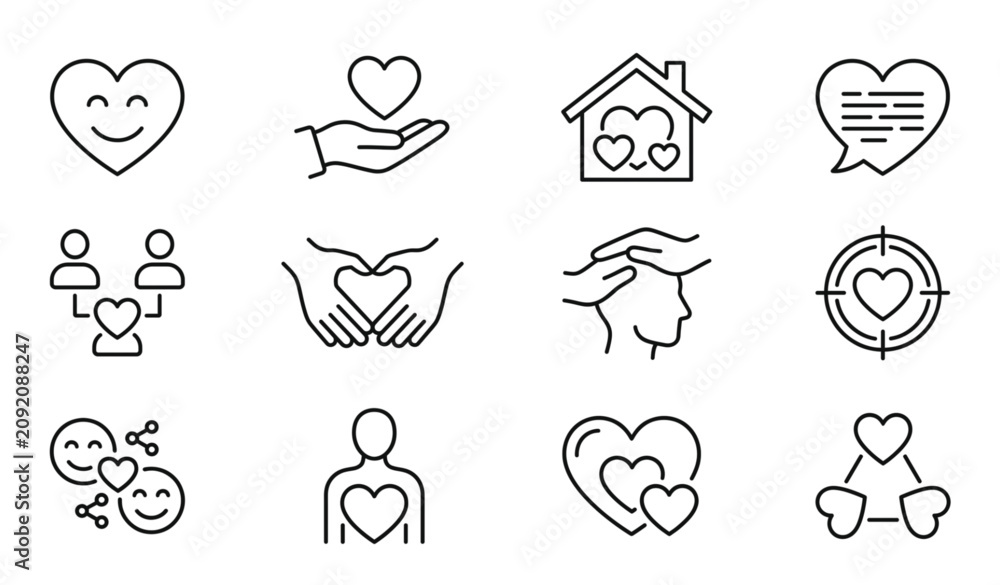 Fototapeta premium Charity and care vector icons set isolated on white background flat love connection illustration donation family relationship non profit line design