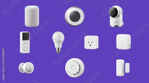 A collection of modern white smart home automation devices arranged on a solid purple background for residential connectivity and technology management systems