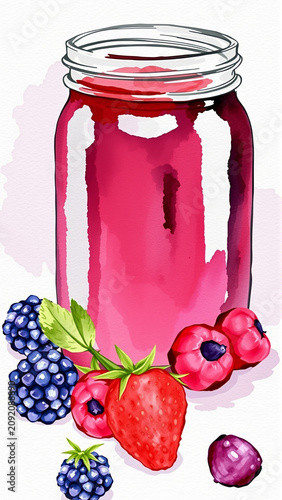 Image of berry jam in a glass jar on a white background