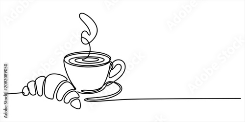 Obraz na płótnie Continuous single line drawing of a cup of hot coffee with a delicious pastry cr