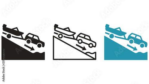 Foto Car and boat sliding down a steep slope with arrow  transportation icons