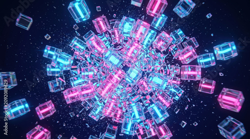 Colorful cubes scatter in a dynamic pattern, creating a visual display of motion and light in a dark background scene