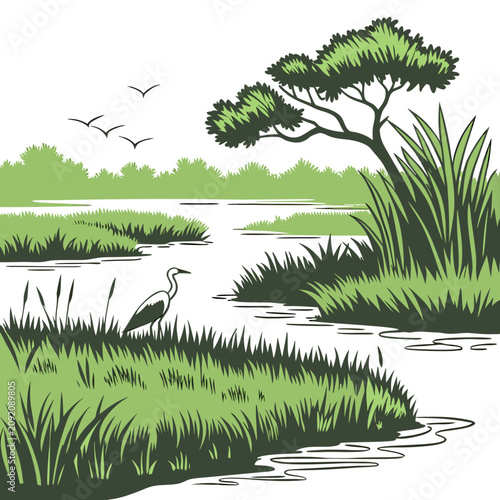 Fotografija Hand drawn of a serene marsh landscape featuring a lone heron standing in the ta