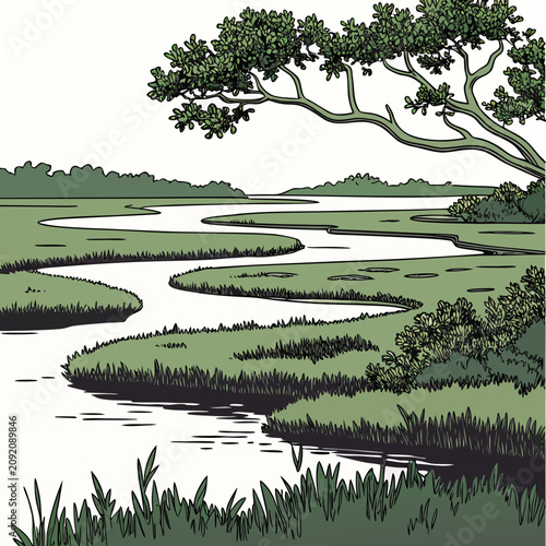 Schilderij op canvas A winding river flowing through a green marshland with a large tree overhanging