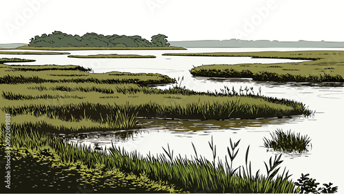 A winding river flowing through a marshland with green grass and a distant island in a flat landscape scene