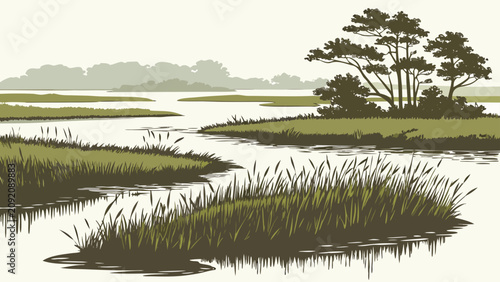 A winding river flowing through a marshland with tall grasses and trees in the distance in a flat landscape scene