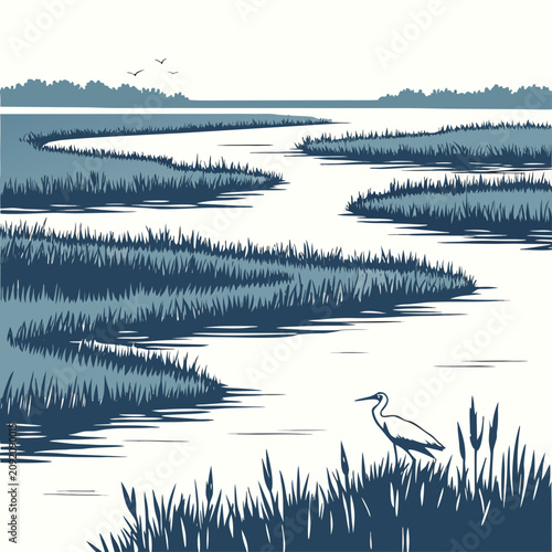 Cuadro en lienzo A serene of a winding river flowing through a coastal salt marsh with a single w