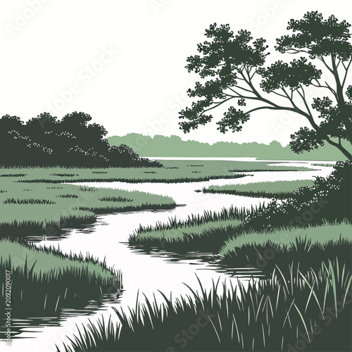A peaceful of a winding river flowing through a salt marsh with a large tree overhanging the water on the right side of frame