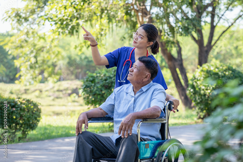 Obraz premium Smiling female nurse caregiver and senior man in wheelchair with sunny park. Positive image depicting dedicated professional care.