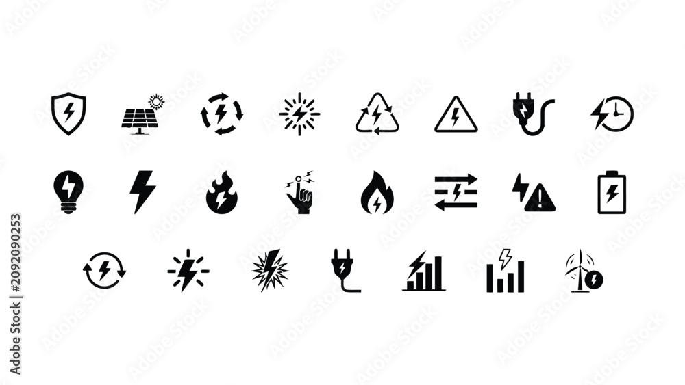 Obraz premium Collection of various black electricity and energy icons on white background