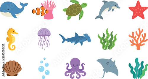 Photography Cute Sea Creatures Icon Set Featuring Colorful Marine Animals and Ocean Life Sym