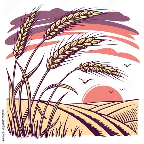 Canvastavla A of wheat stalks swaying in the wind against a sunset sky with purple and orang